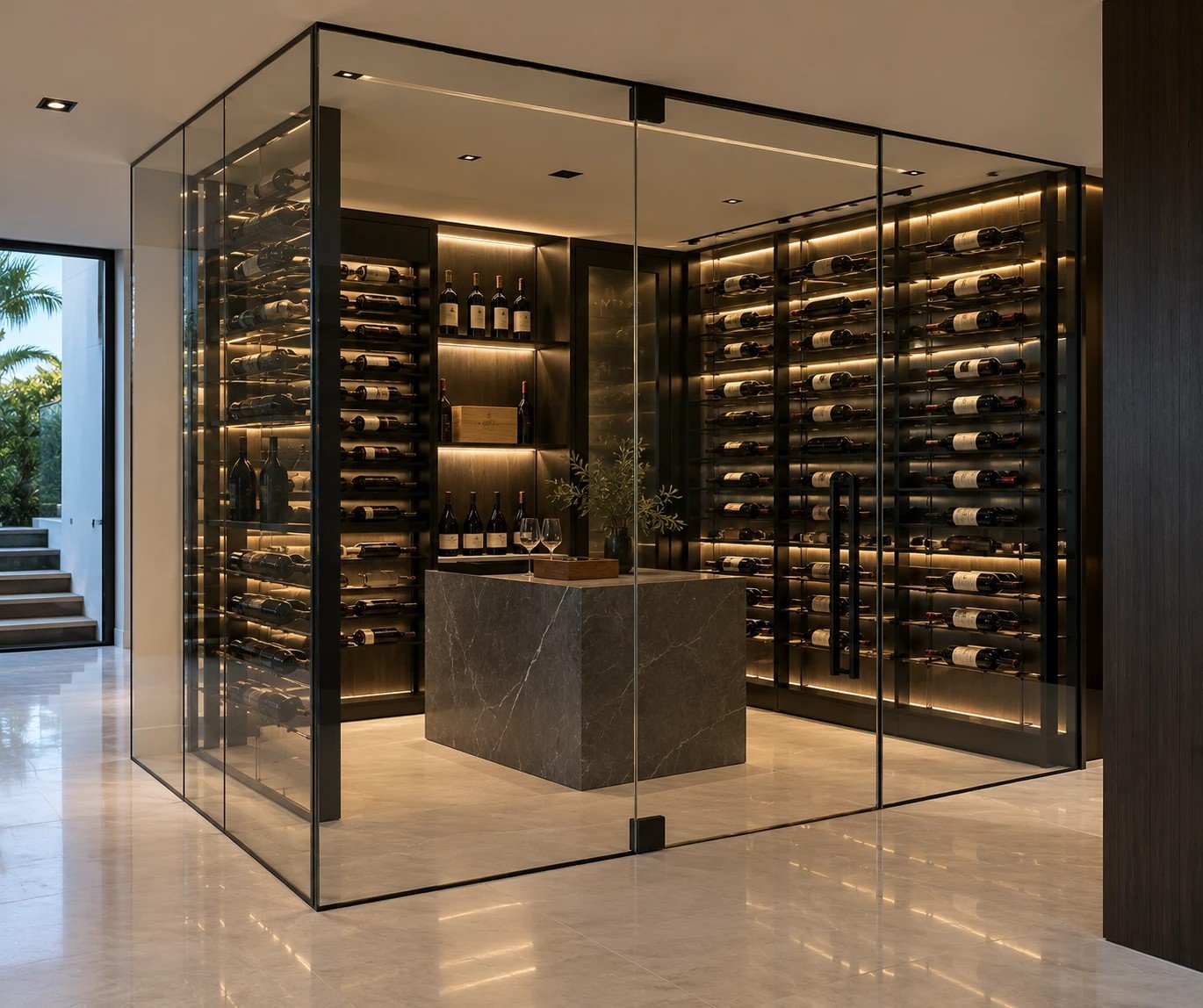 Elegant gold-framed glass enclosure with dark marble finish